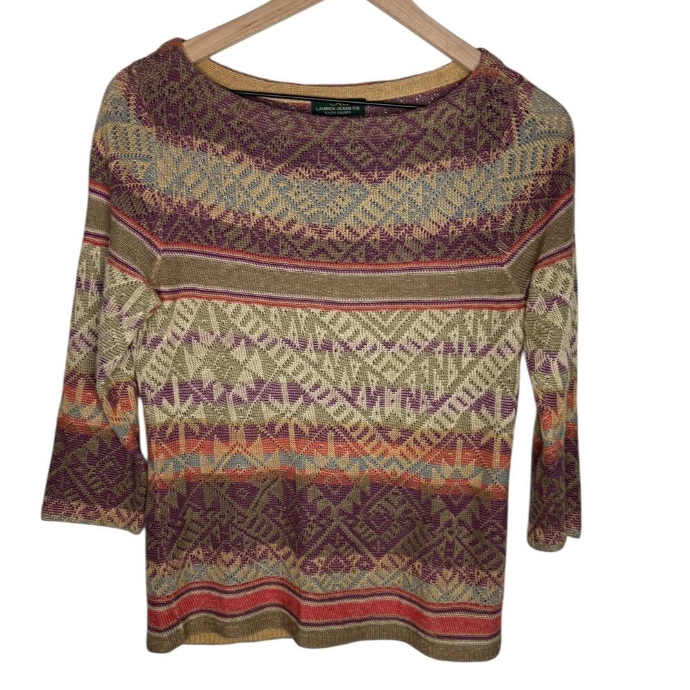 Lauren Ralph Lauren Southwestern Aztec Knit Linen Blend Top 3/4 Sleeve Boho